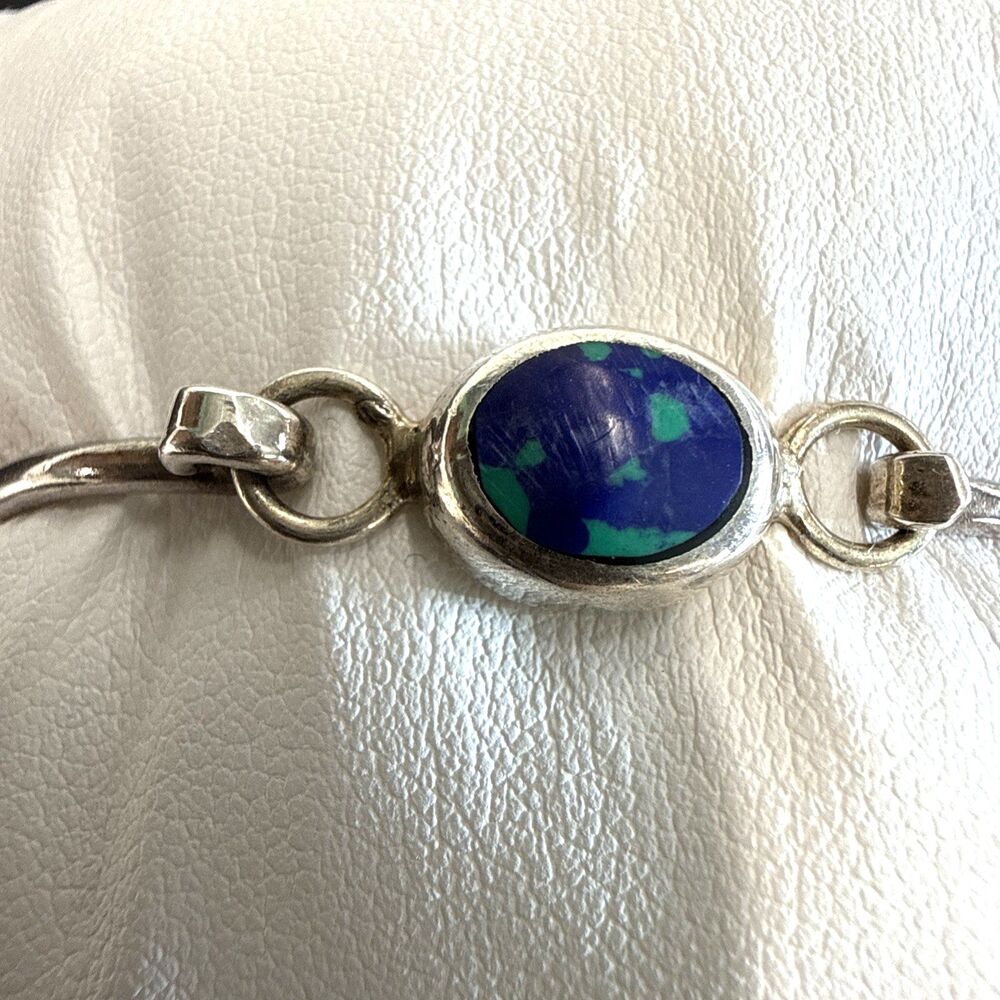 Sterling silver 925 cuff bracelet with natural blue green azurite, Mexico - Boho